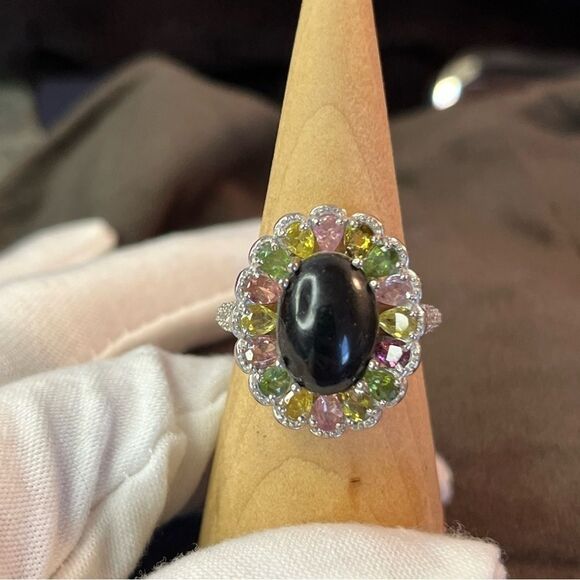 Black & Multi Color Tourmaline Natural Zircon Halo Platinum Sterling Silver Ring - Picture 11 of 13